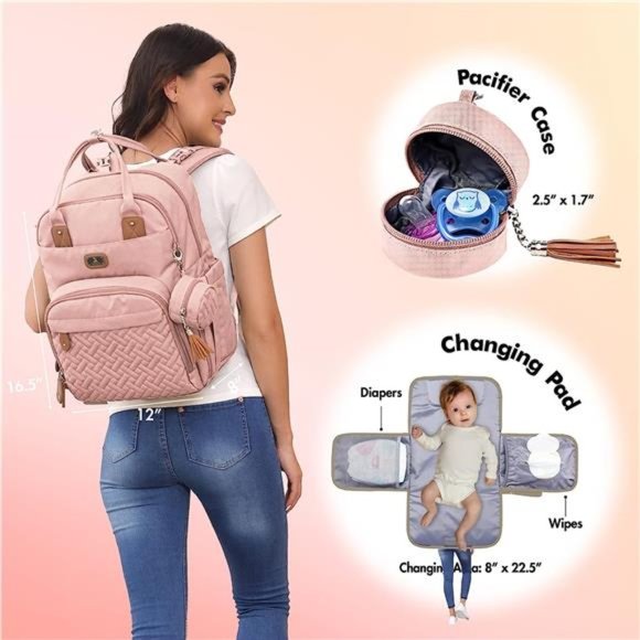 Diaper Bag Backpack w/ Portable Changing Pad Multipurpose Travel Back Pack, Pink - Picture 2 of 7